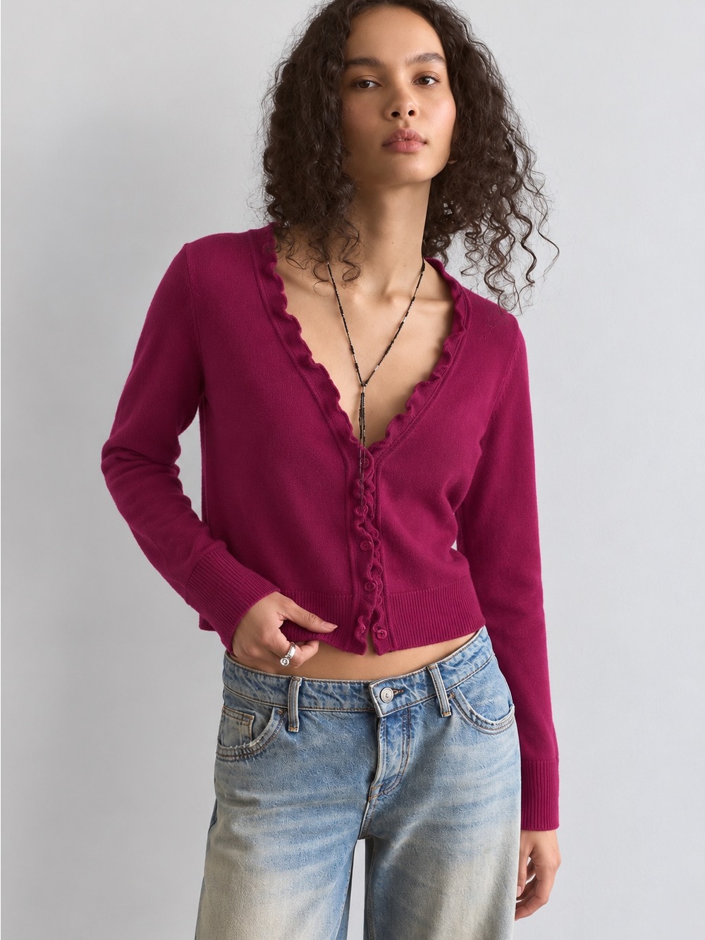218. cleo Raspberry Scalloped V-Neck Cardigan